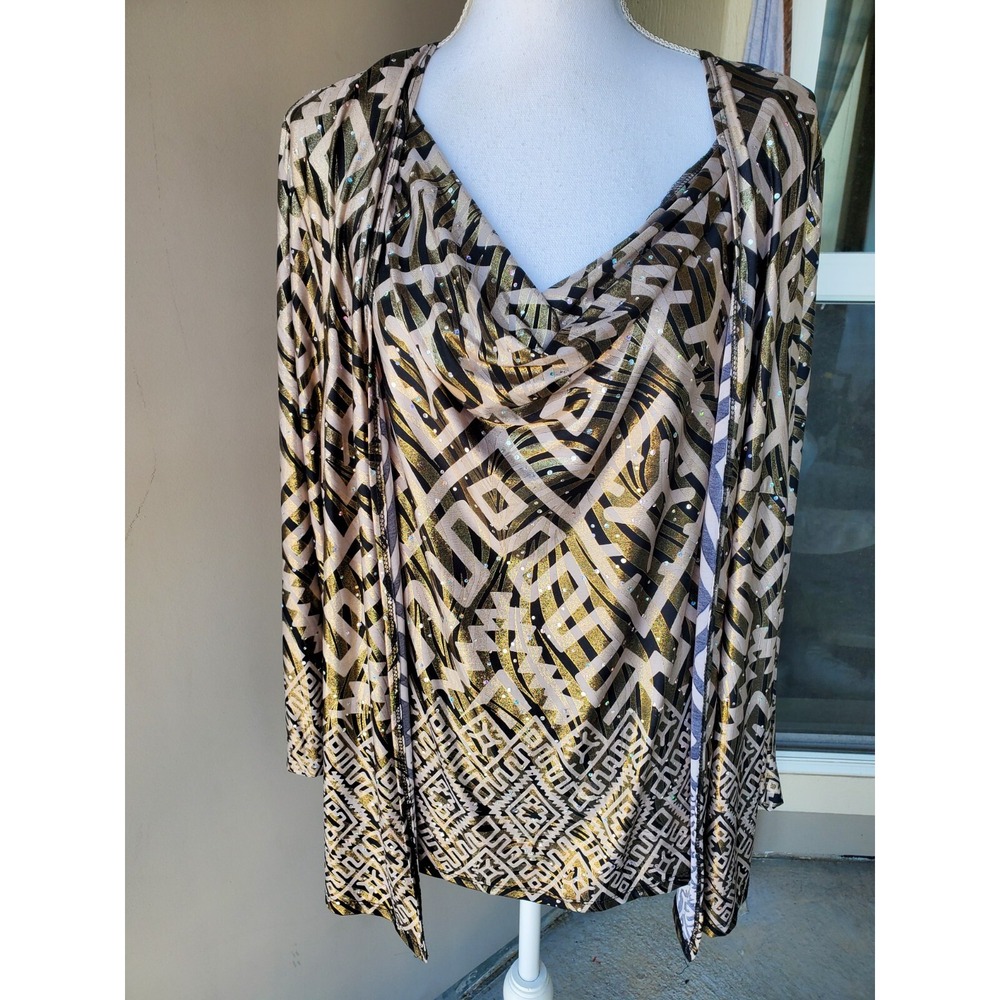 Onyx Nite Blouse Women‎ 1X Gold Black Metallic Geometric Cowl Neck Sparkle Top